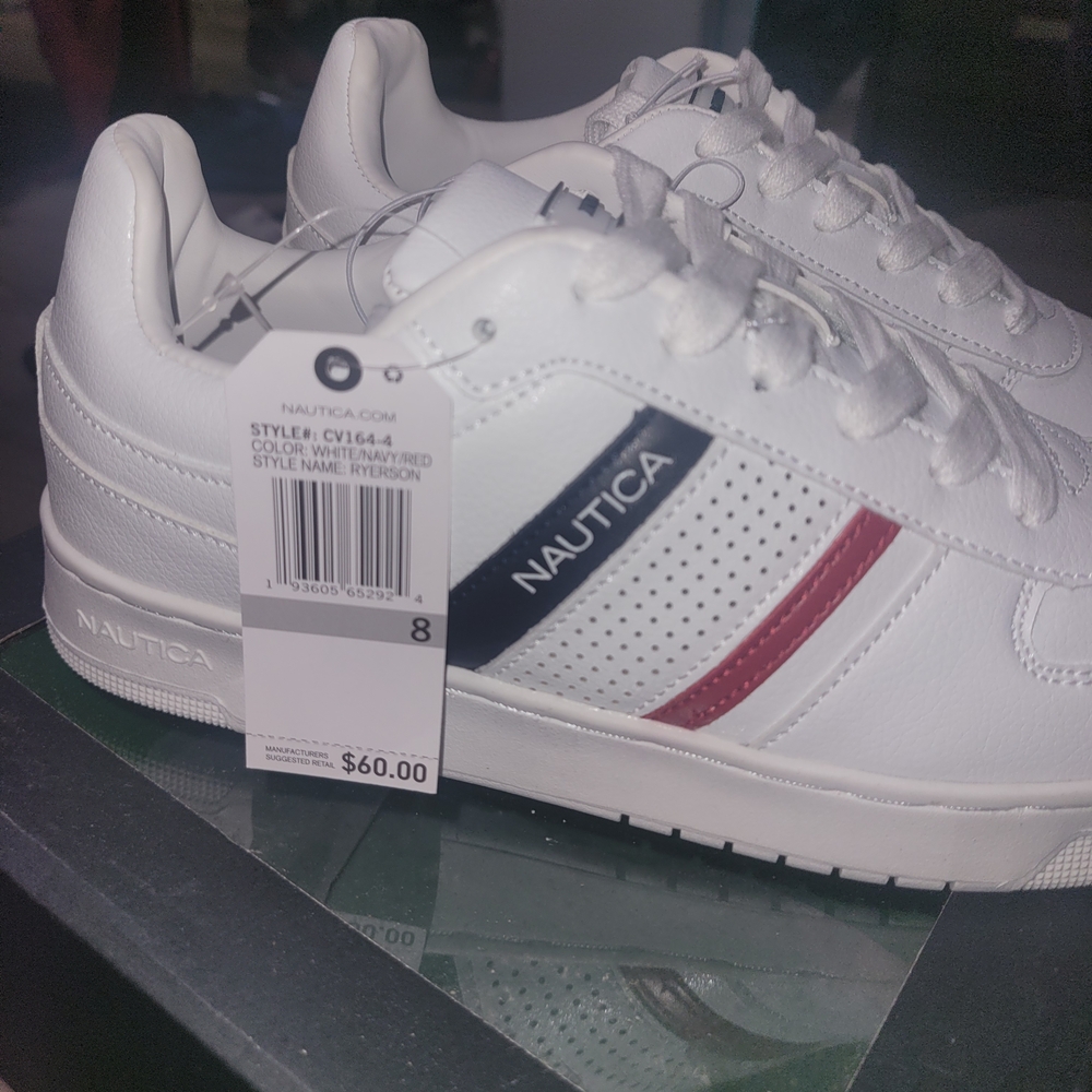 Nautica Men's White Leather Sneakers with Navy & Red Stripes - Picture 3 of 7